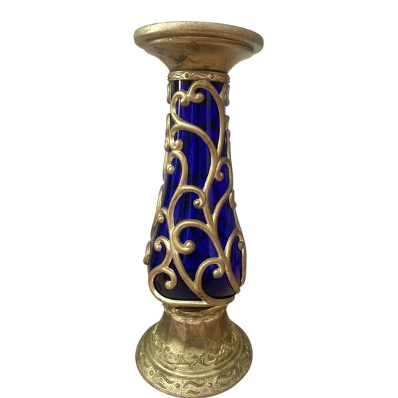 Pair of 10" Cobalt Blue Glass Candle Holders with Brass Filigree Design - Picture 5 of 7